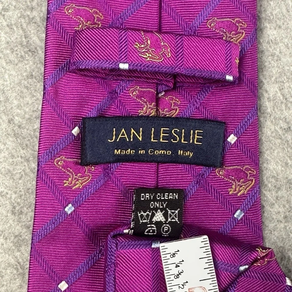 Jan Leslie Frog Silk Tie Italy Purple Pink Check Necktie Vintage 59x3.25